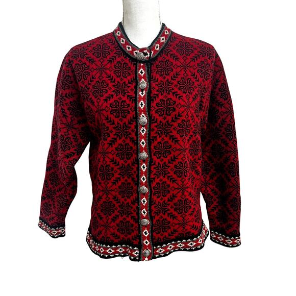 Vintage VTG L.L. Bean Nordic Red Snowflake Fair Isle Cardigan Medium Large - Picture 1 of 6